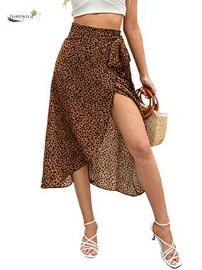 Women's Boho Leopard High Low Split Midi Wrap Skirt